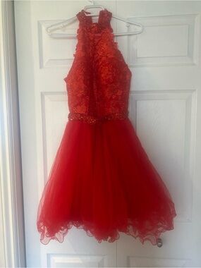 Amazon Red Floral Lace Halter Prom Dress